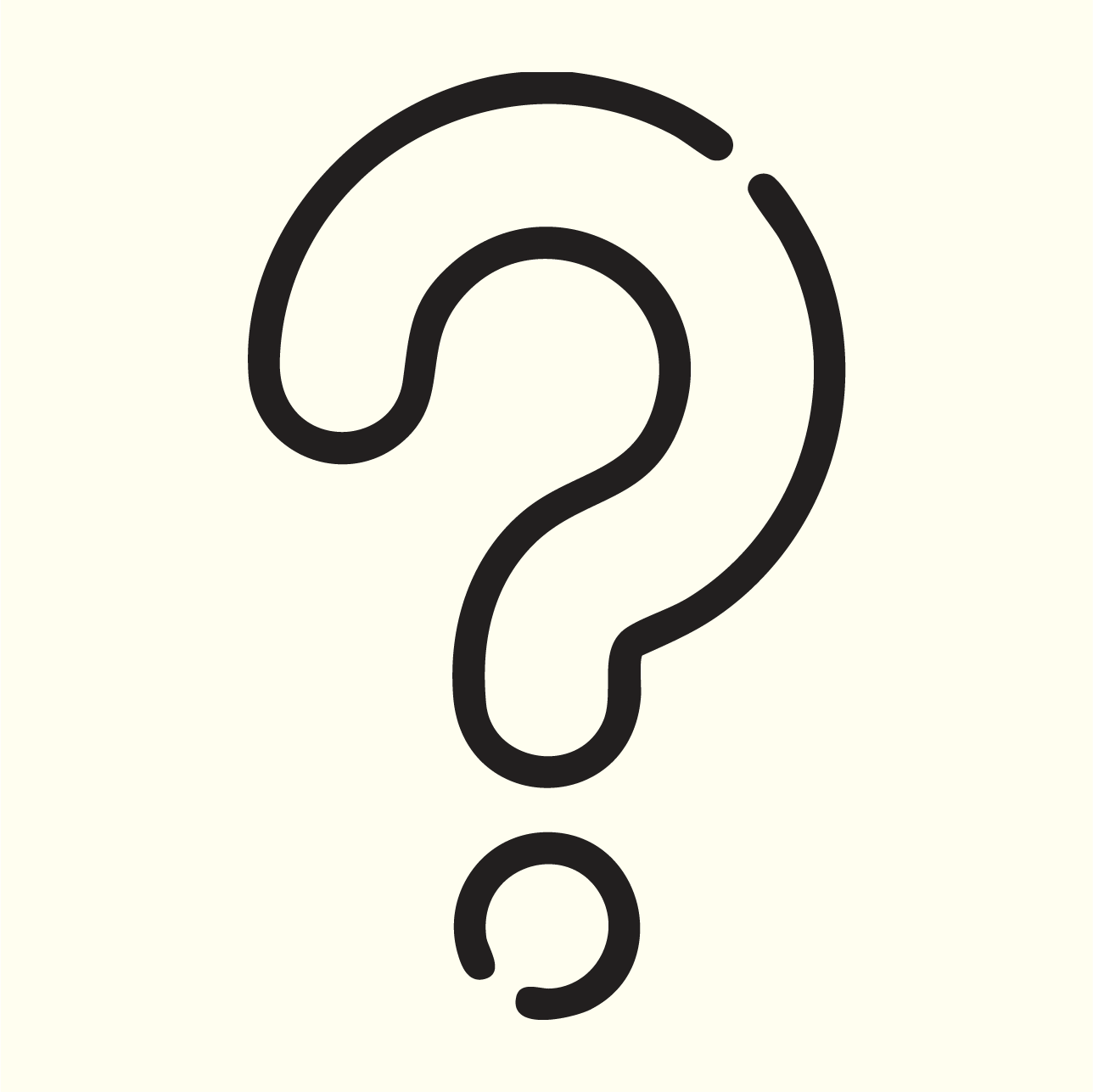 A black outlined question mark on a light background.