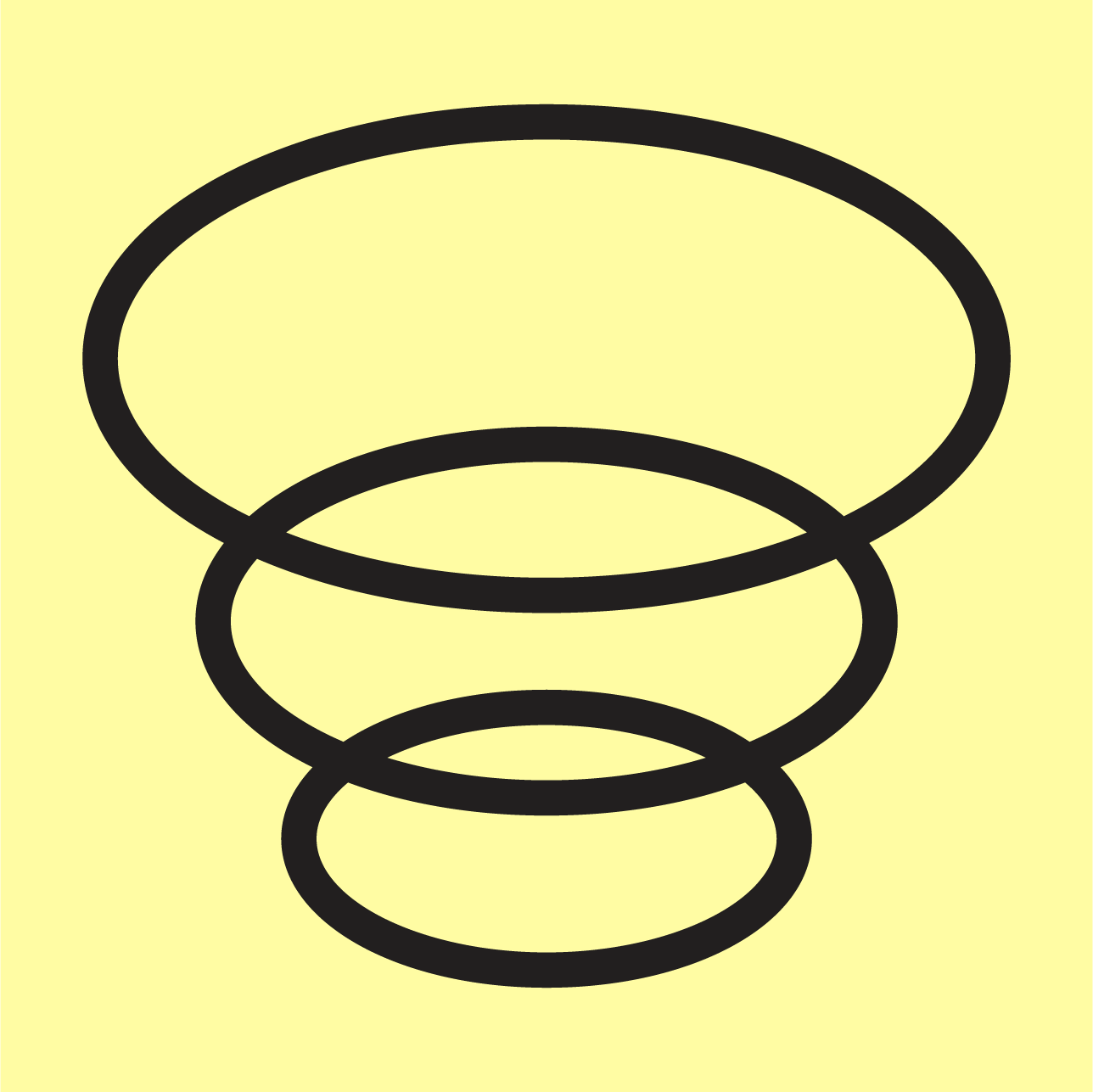 Simplified drawing of a tornado in a circular pattern with black on yellow background.