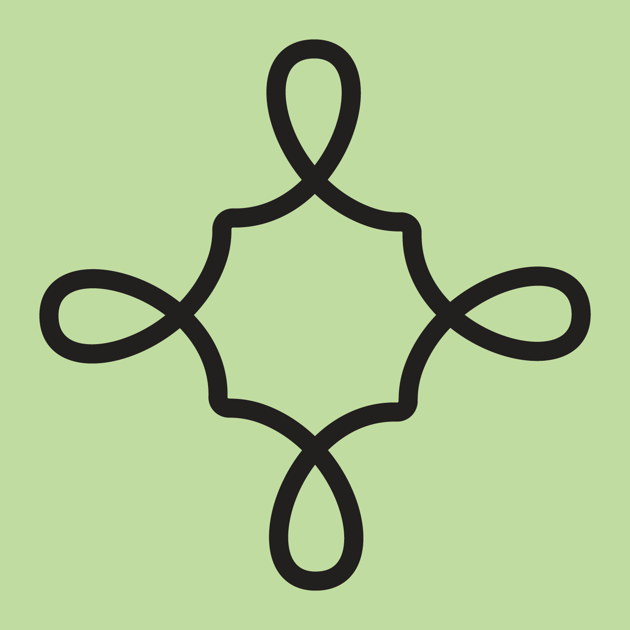 A black, abstract, symmetrical line art of a decorative shape with looped ends on a light green background.