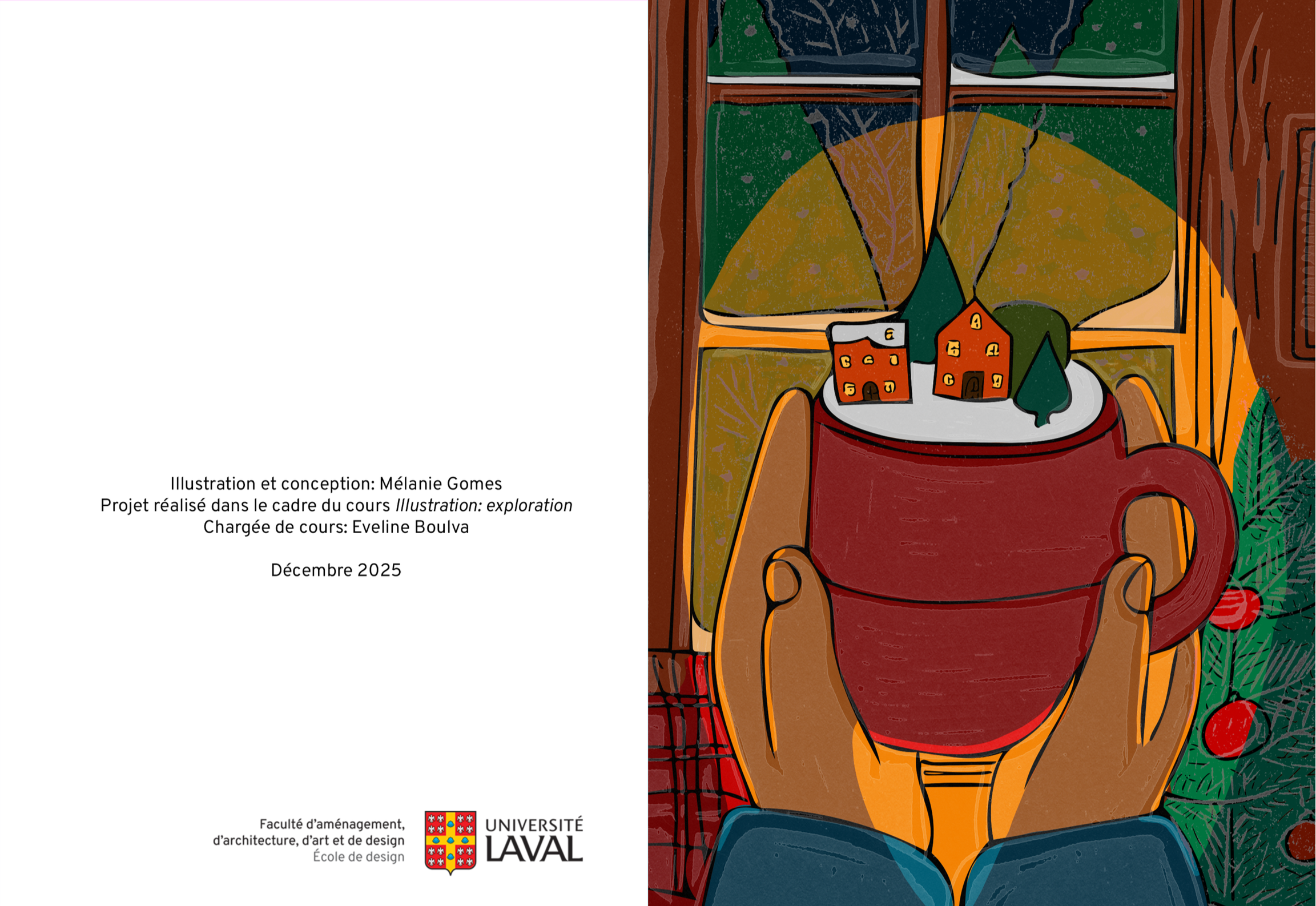 Illustration d'une tasse rouge contenant une petite maison, tenue par deux mains, avec une fenêtre derrière et des décorations vertes.