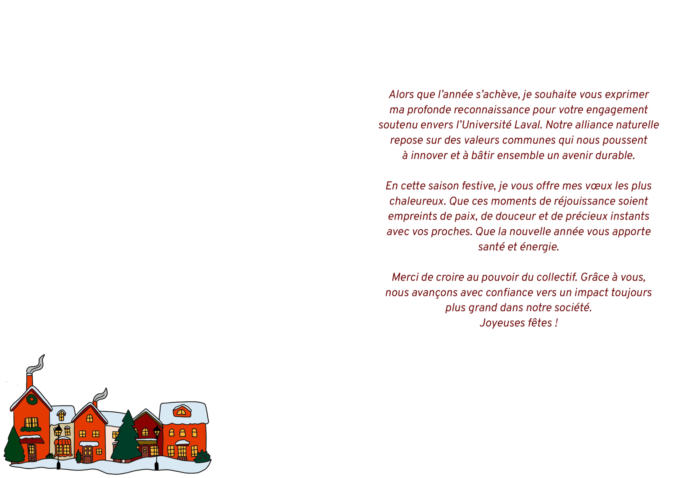Carte de vœux de fin d'année avec un message en français et une illustration de maisons colorées avec de la neige au bas de l'image.