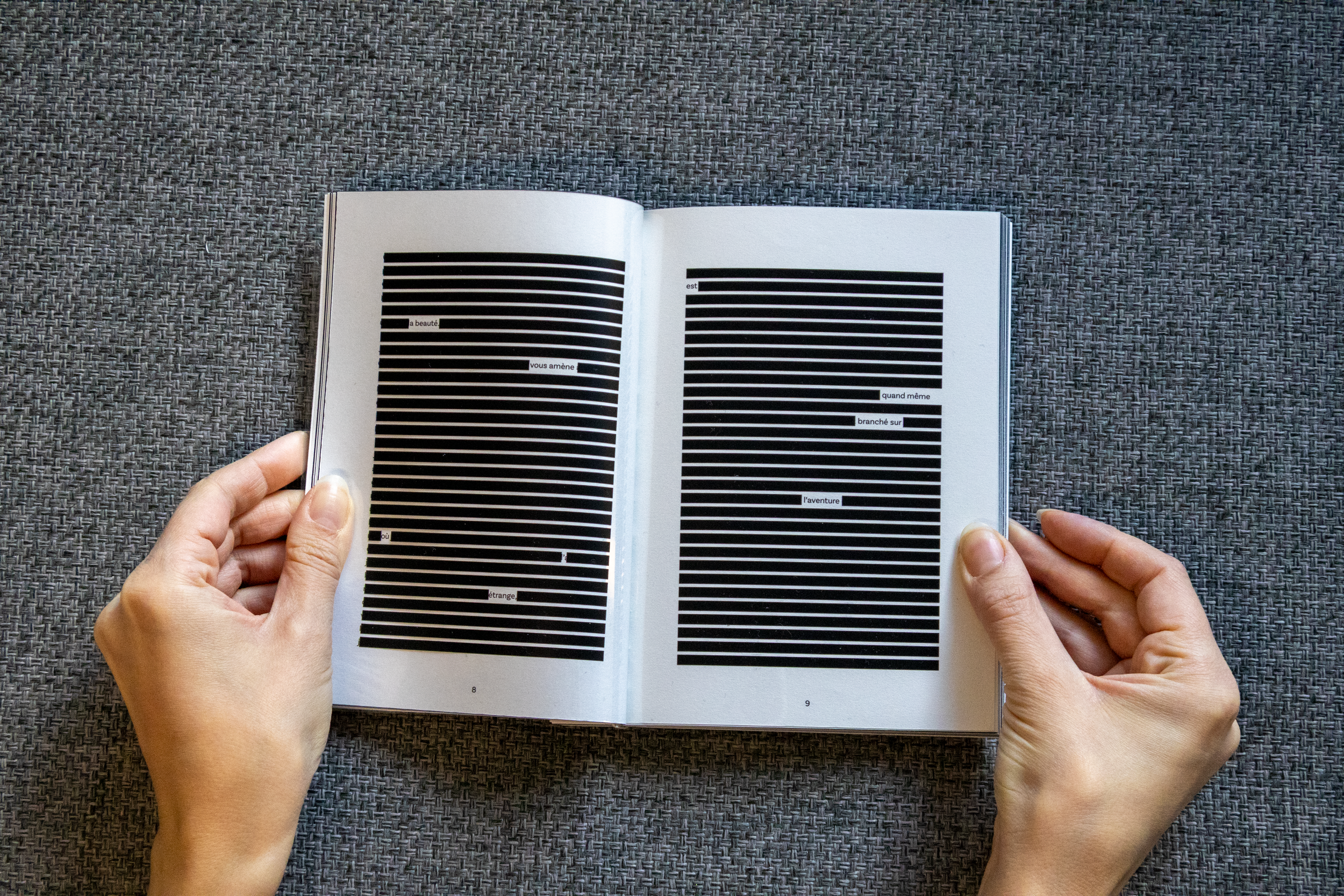 Un livre ouvert avec un design noir et blanc, contenant des lignes noires et des textes en français, tenu par deux mains au-dessus d'un tissu gris texturé.