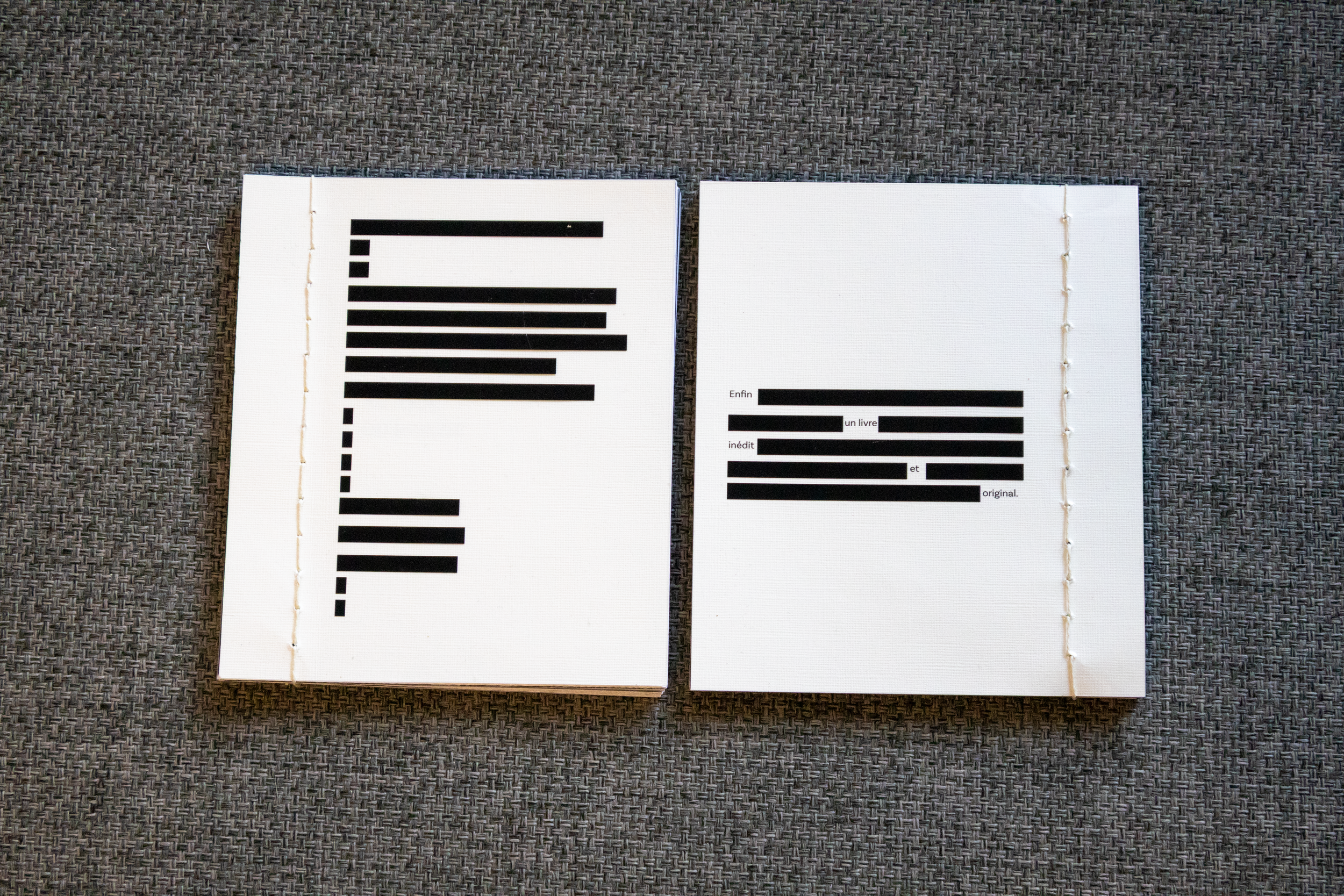 Deux livres ouverts posés côte à côte sur une surface grise. Le livre de gauche a du texte en noir biffé ou censuré, le texte du livre de droite est également en noir, avec quelques mots non censurés comme "Enfin" et "un livre inédit et original".
