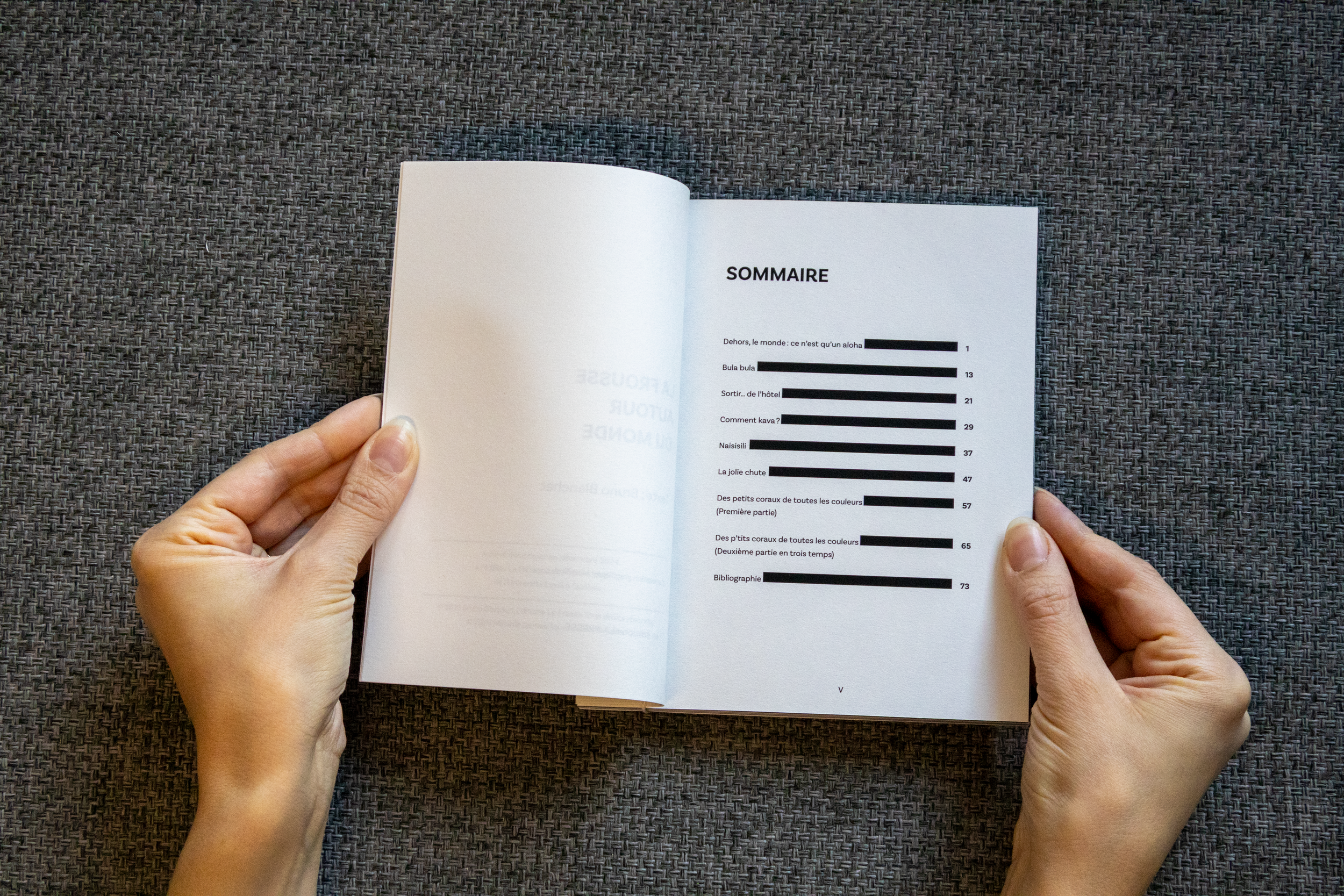Page de sommaire d'un livre en français, listant différents chapitres avec pages, posé sur une surface gris foncé, tenu par des mains.