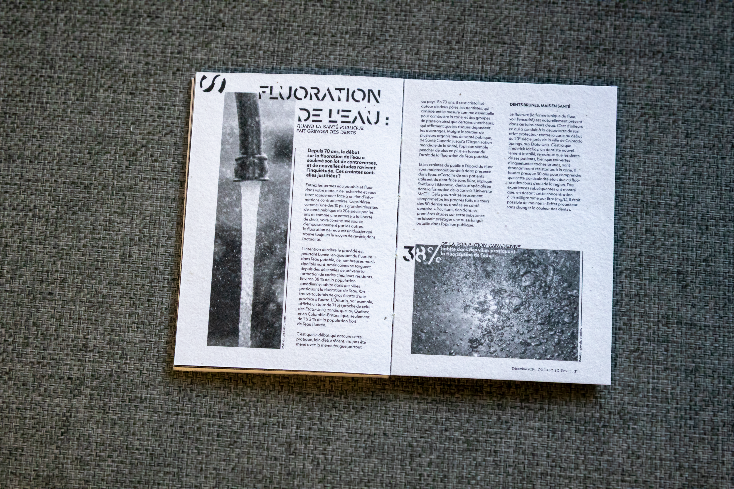 Page de magazine avec un article sur la fluoridation de l'eau, comprenant une photo en noir et blanc d'un évier ou une installation liée à l'eau, et une image en noir et blanc de bulles ou de petites structures. Le texte est en français et couvre le 