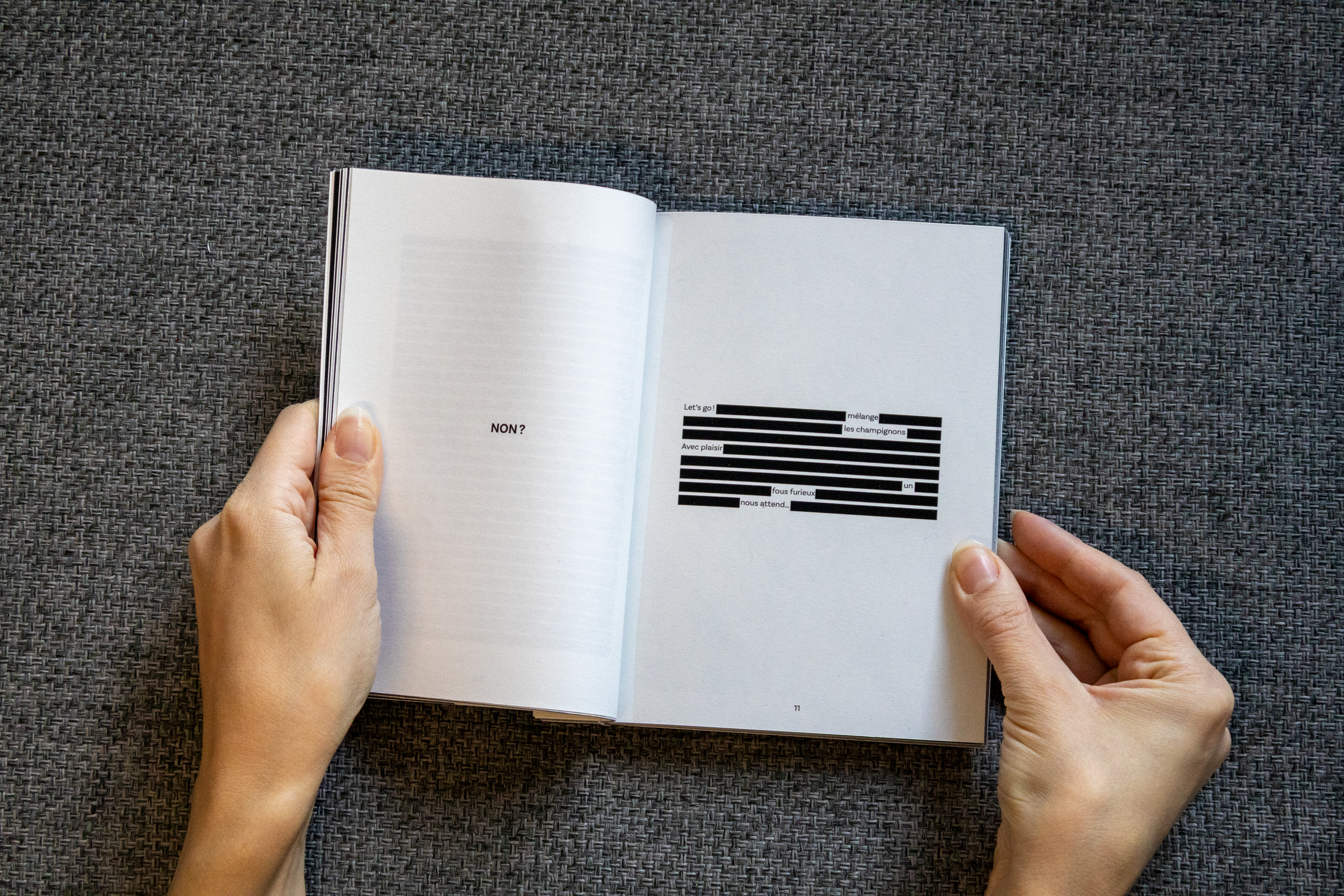 Une personne tient un livre ouvert sur un tapis gris, avec du texte noir barré sur la droite et une page blanche à gauche.