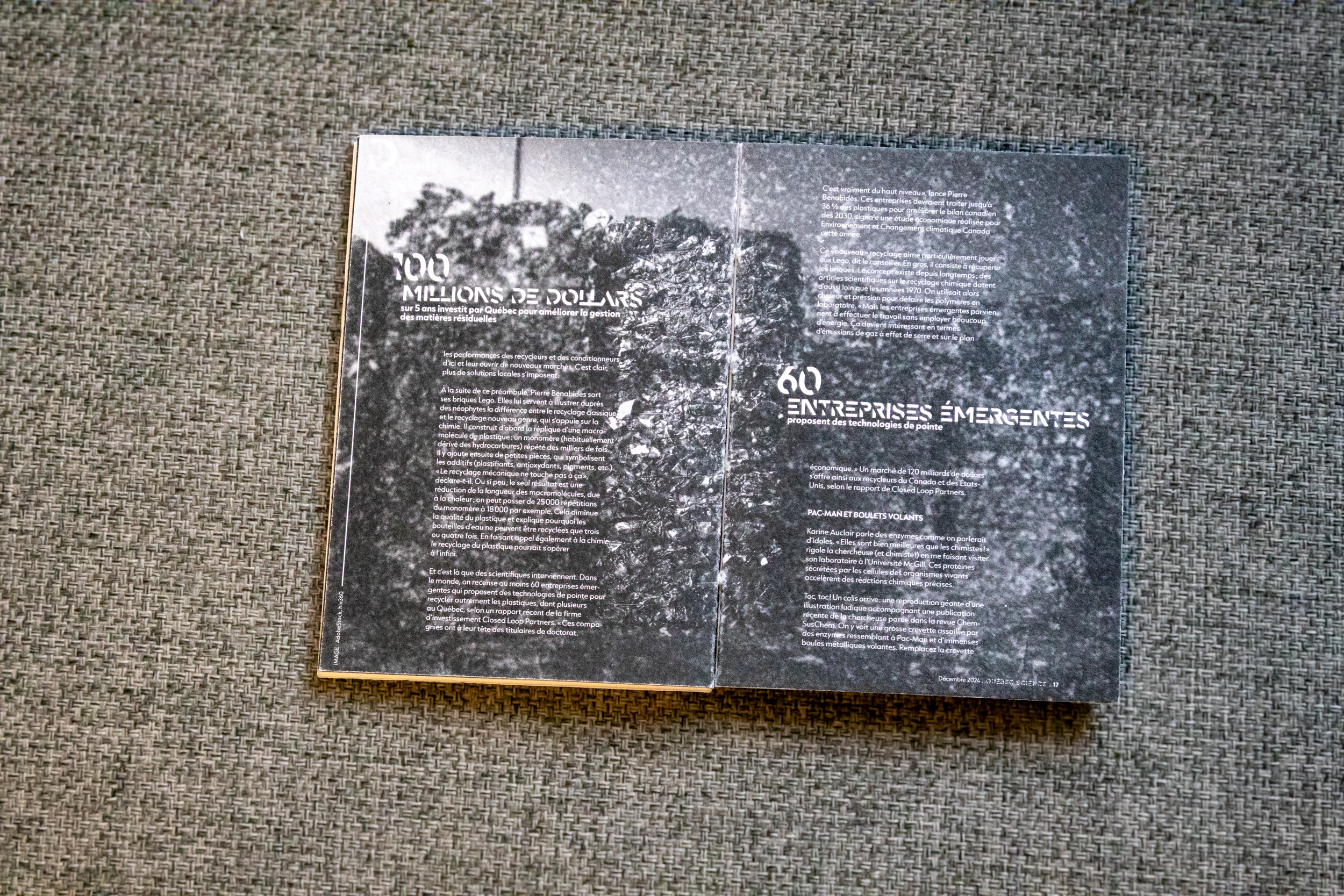 Page d'un magazine ou brochure en noir et blanc avec du texte en français et une image de forêt ou d'arbres en arrière-plan.