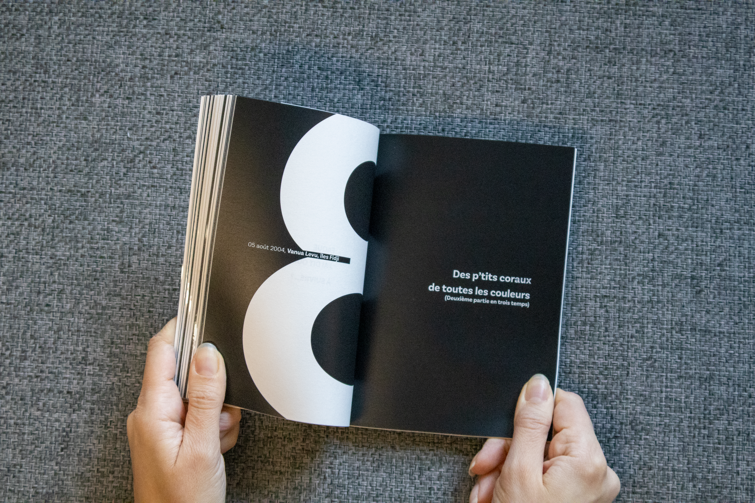 Livre ouvert avec pages noires et blanches, texte en français, posé sur un tapis gris.