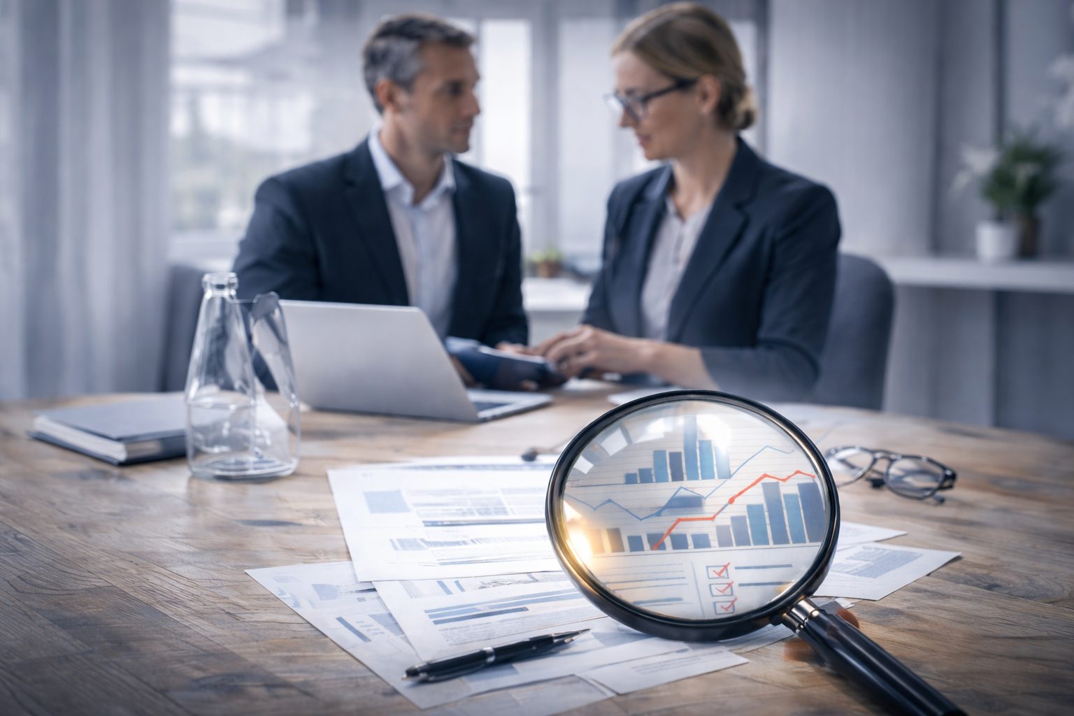 Twee zakelijke personen bespreken zich achter een tafel waarop documenten, een pen, een laptop, een glas water en een vergrootglas liggen, met een grafiek weergegeven in het vergrootglas.