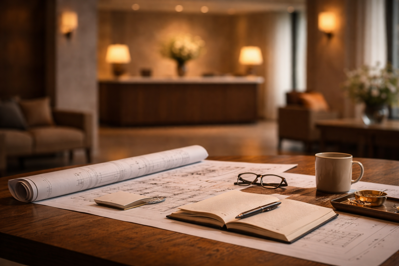 Bureau met technische tekeningen, een open boek, een pen, een stopcontact, een kopje koffie en een bril op een houten tafel, met een rustieke woonkamer op de achtergrond.