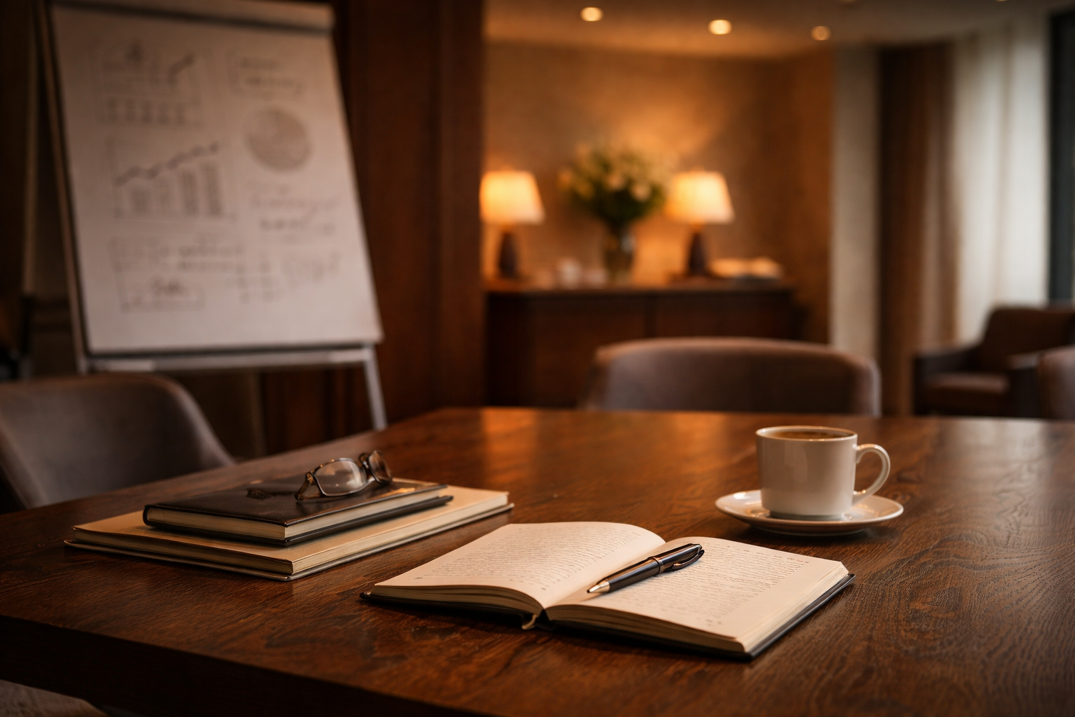 Een houten vergadertafel met een kopje koffie, een open boek en een stacked set van notitieboeken met een pen, in een gezellige, warme vergaderruimte.