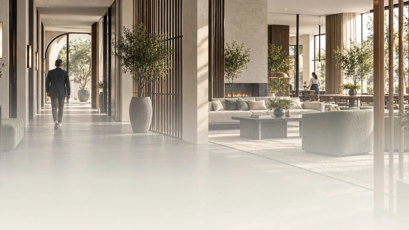 Intieme hotellounge met bar, comfortabele fauteuils en warme verlichting.