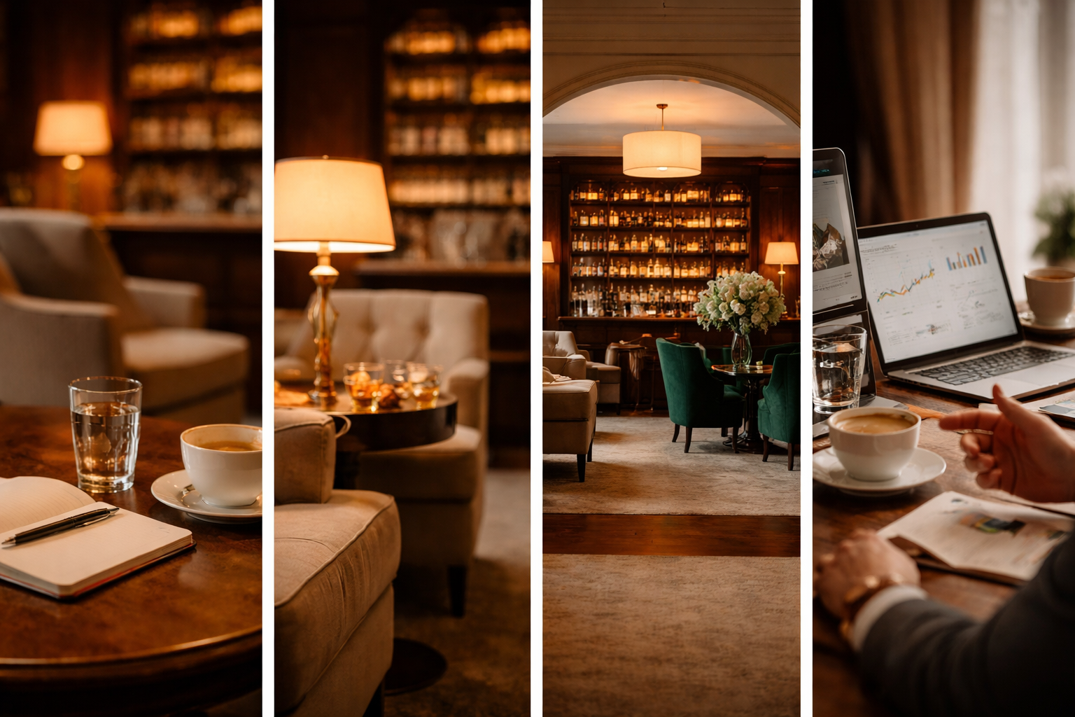 De afbeelding toont een lounge of werkomgeving met een warme en gezellige sfeer, met comfortabele stoelen, tafels, lampen en een boekenkast op de achtergrond. Aan de rechterkant is een laptop met grafieken, een kop koffie en een glas water te zien, wat wijst op een werk- of bespreksomgeving.