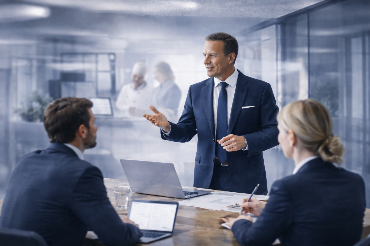 Man in een donkerblauw pak die spreekt tegen twee mensen tijdens een zakelijke vergadering in een moderne vergaderzaal.