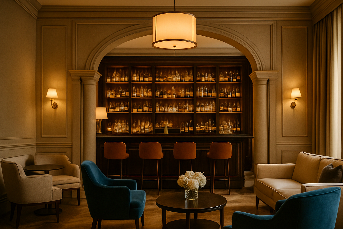 Een gezellige lounge met stoelen, een salontafel met bloemen, een bar met stoelen en een grote kaplamp aan het plafond.