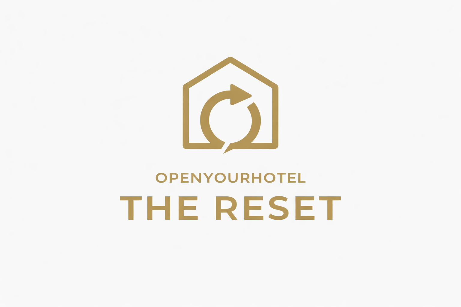 Logo van The Reset, een huis omgeven door een cirkel met pijl, met de tekst 'Open Your Hotel' en 'The Reset'.
