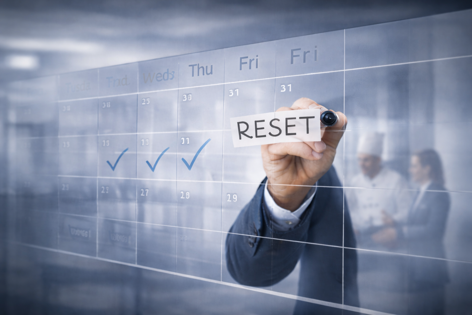 Hand die 'RESET' schrijft op een transparant elektronische kalender met dagen van de week en data, terwijl er blauwe vinkjes staan op woensdag, donderdag en vrijdag.