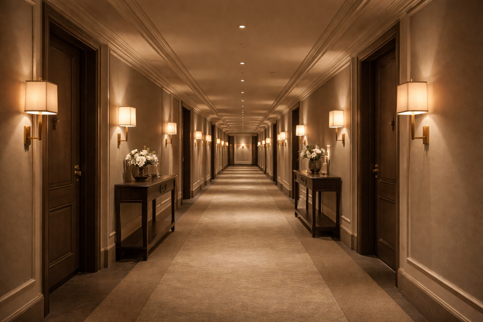 Een lange, elegante hotelgang met warme verlichting, houten deuren en decoratieve accessoires zoals bloemen.