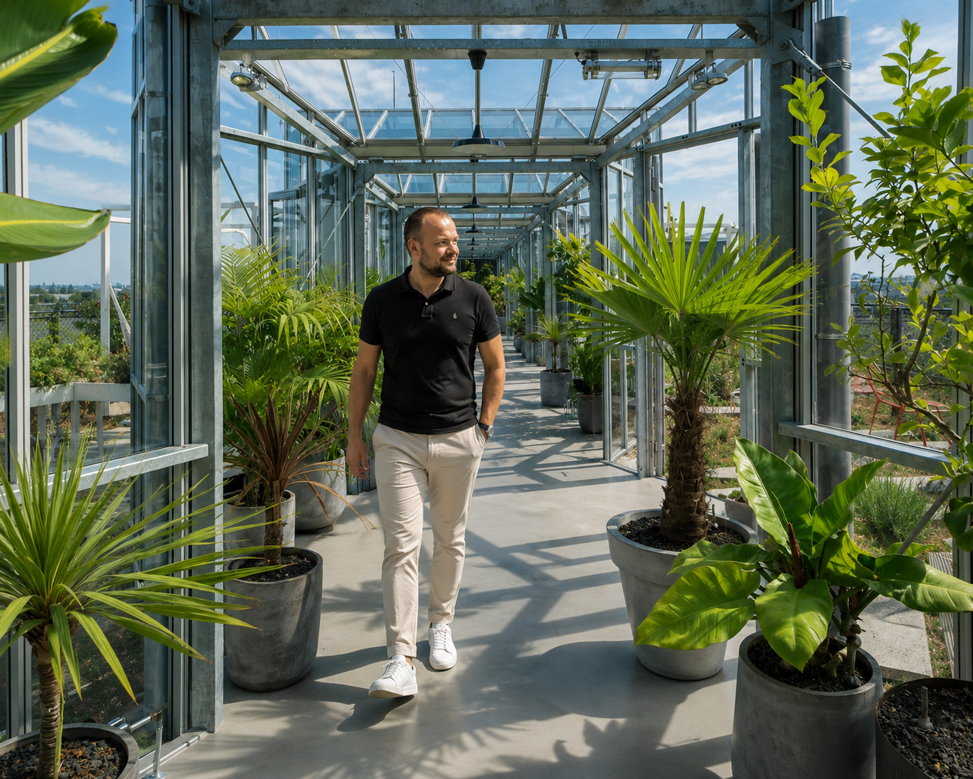 Man wandelt tussen groene planten in een lichte kas.