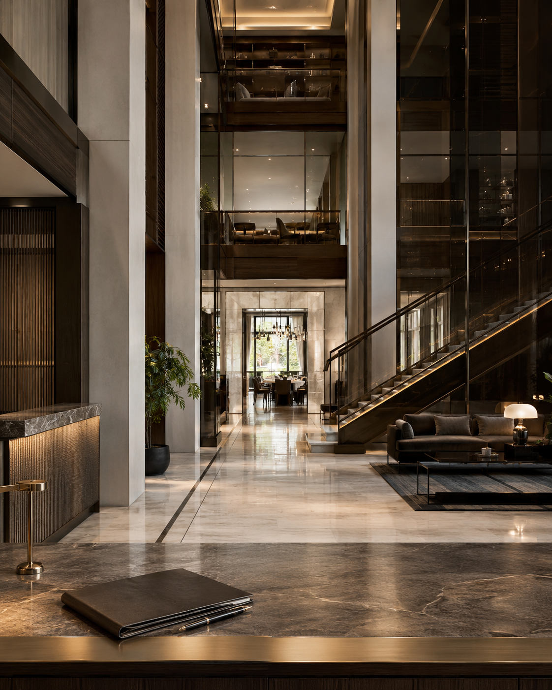 Luxe lobby van een modern hotel met marmeren vloer, luxe bank en trap, uitzicht op eetruimte en zitgedeelte met grote ramen en planten.
