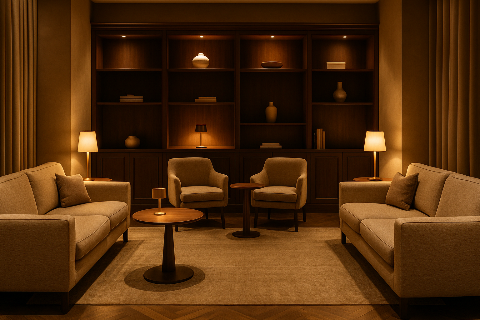 Intieme hotellounge met comfortabele stoelen, boekenkast en warme verlichting.