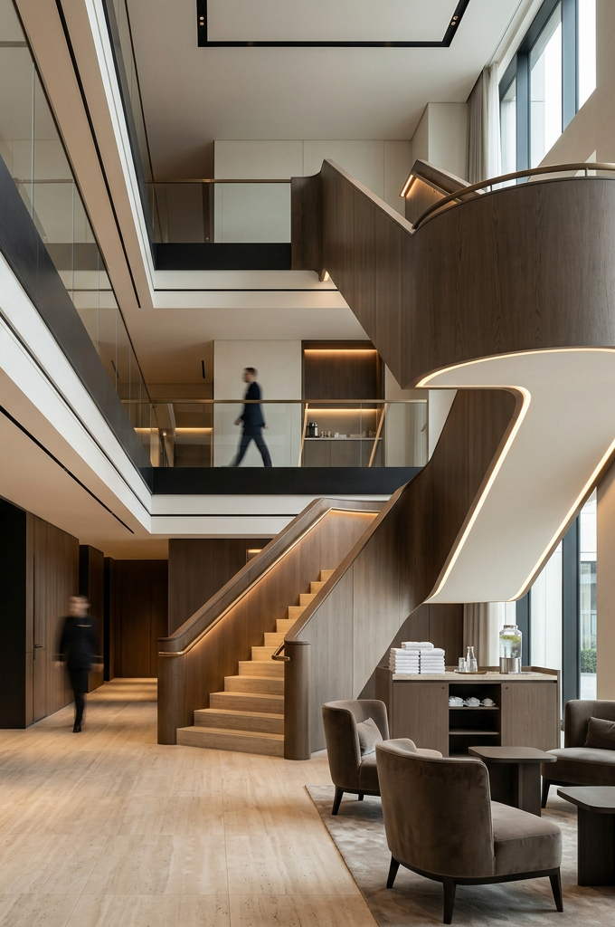 Ruime hotellobby met houten wenteltrap, lounge en natuurlijk daglicht