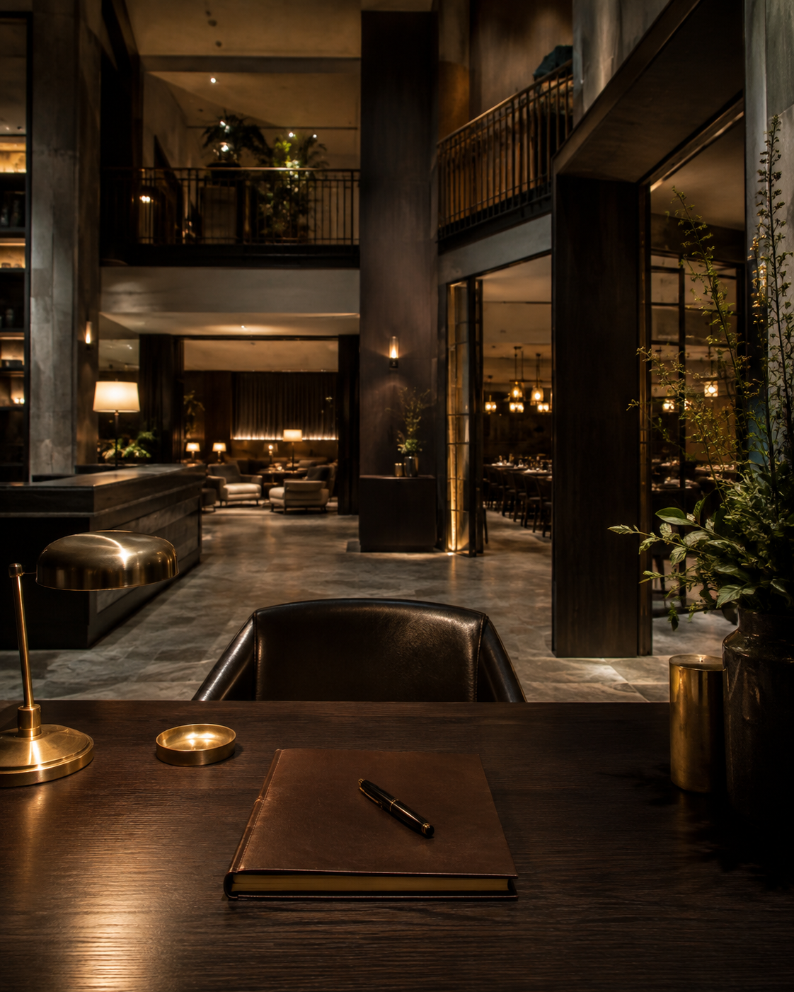 Een stijlvolle hotel lobby met een bureau, een zwarte leren stoel, een gouden bureaulamp, een notitieboek en een pen. Achtergrond met gezellige zithoeken, planten, warme verlichting, en een restaurantgedeelte.