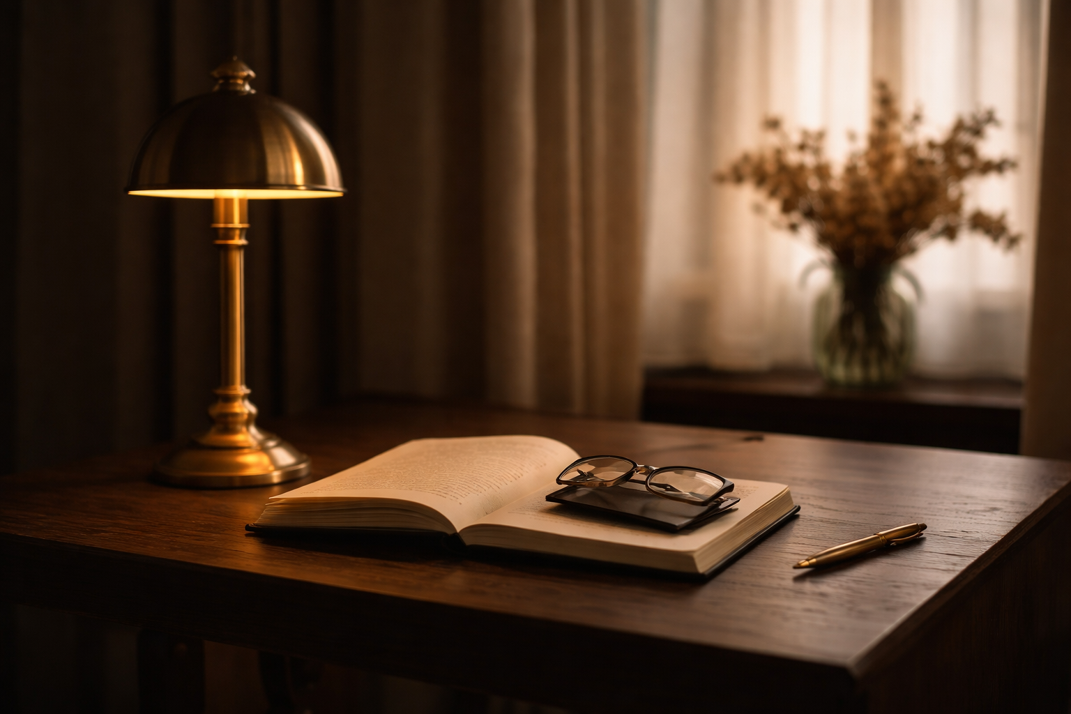 Een houten bureau met een open boek, een paar leesbrillen, een pen en een lamp, met een raam en een vaas met bloemen op de achtergrond.