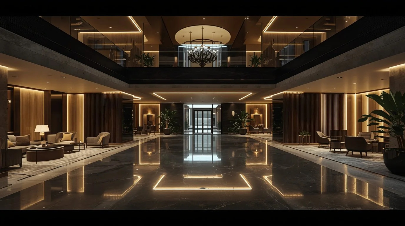 Hedendaagse hotellobby met lounge, planten en centrale glazen entree