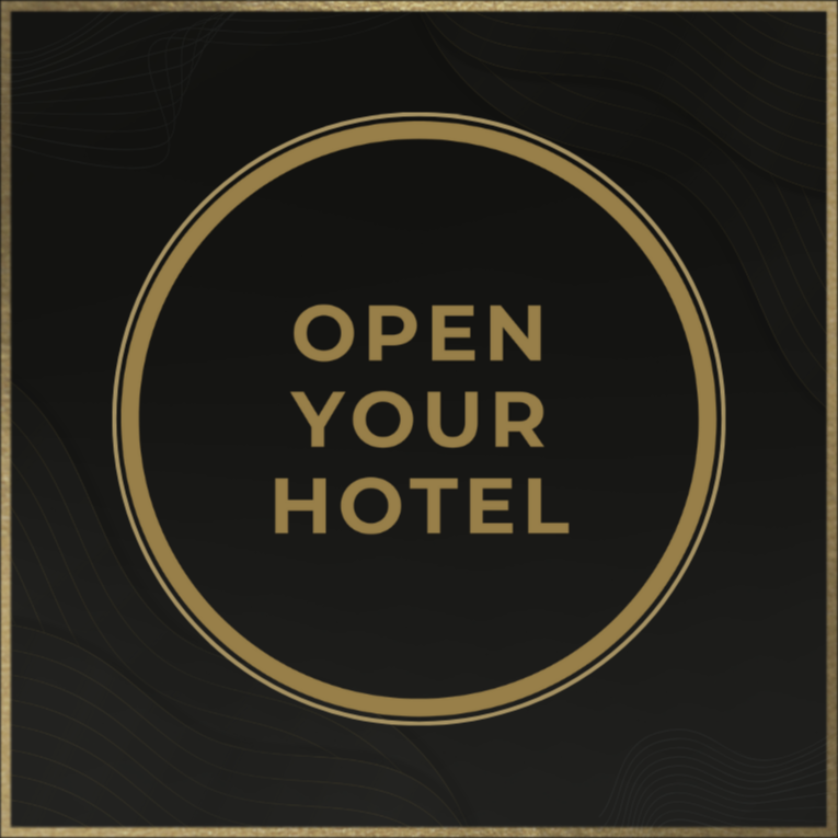 Een zwart en goudkleurig logo met de tekst 'Open Your Hotel' binnen een cirkel.