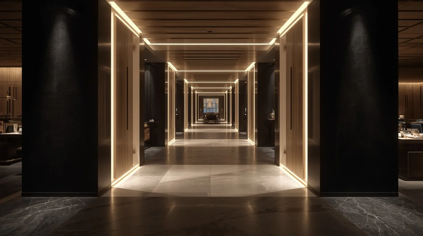 Symmetrische hotelgang met donkere wanden en lineaire verlichting