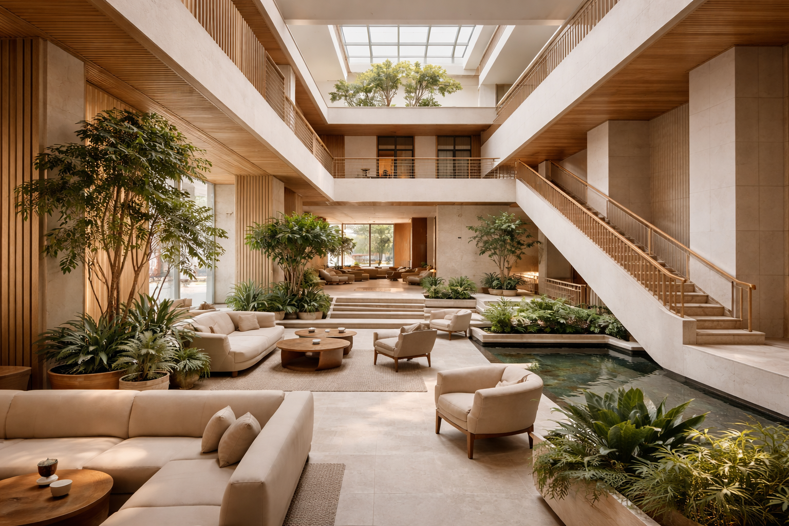 Luxe lobby met natuurlijke lichtinval, groene planten, zandkleurige banken en stoelen, houten trappen, waterpartij, en grote skylight boven.