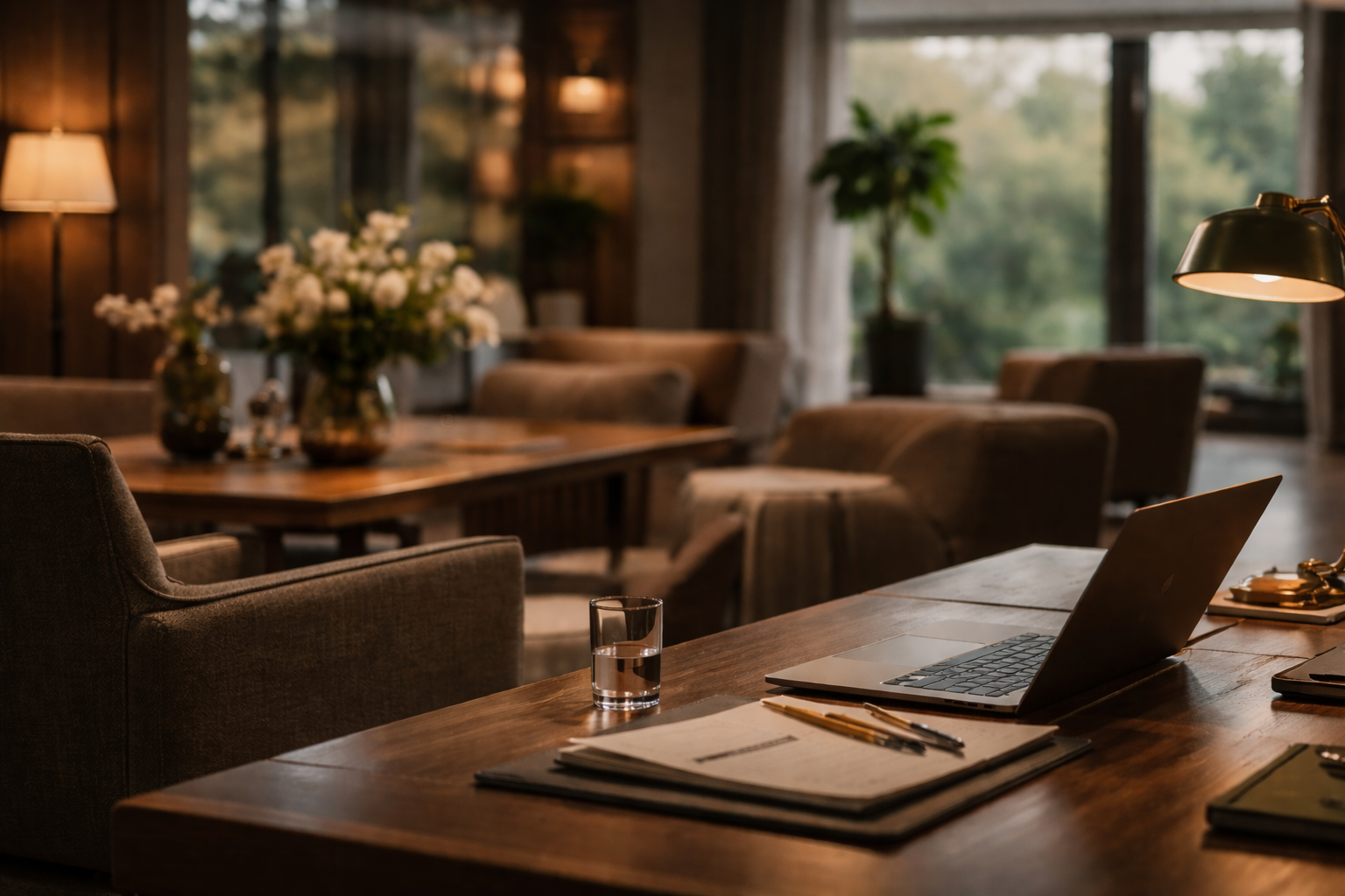 Een rustieke werkplek met een open laptop, een glas water, documenten, pennen en een leesbril op een houten tafel. In de achtergrond een gezellige kamer met banken, tafels met bloemen, grote ramen en planten.