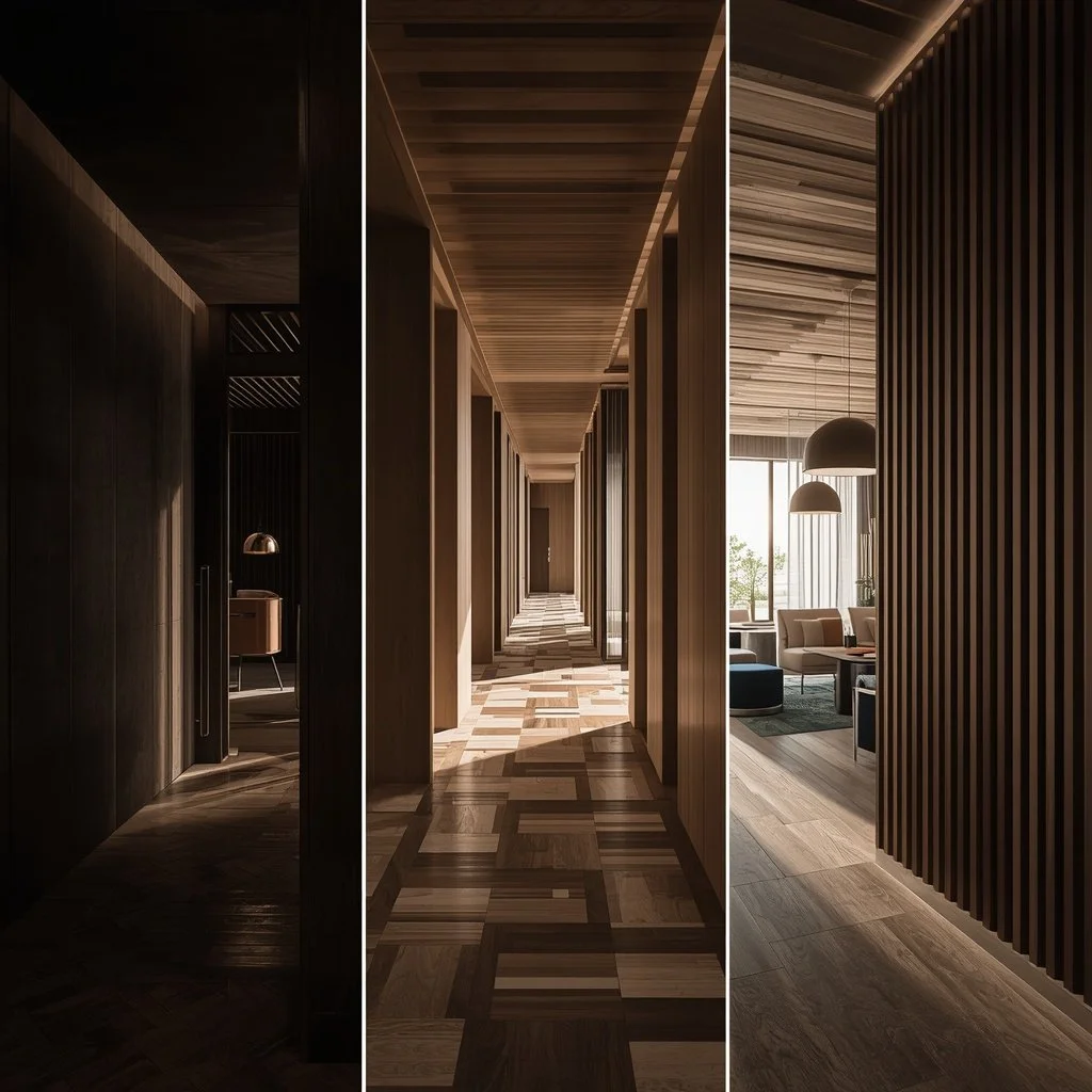 Drie delen van een modern interieur met houten wanden en vloeren, eeningebouwde gang, een lange corridor en een zithoek met grote ramen en hanglampen.