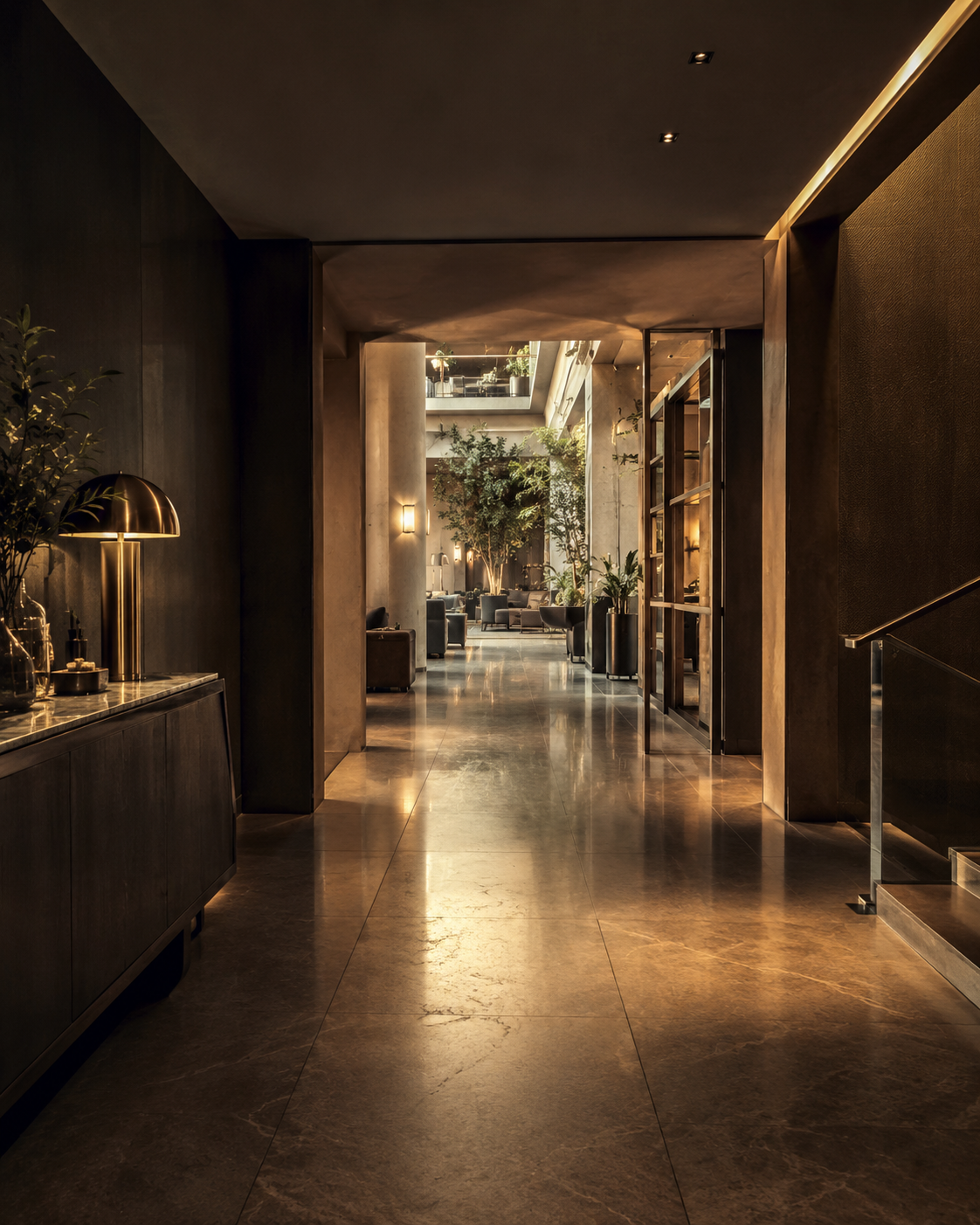 Binnenruimte van een modern hotel of kantoor met dimbare verlichting, planten en comfortabele zithoeken.