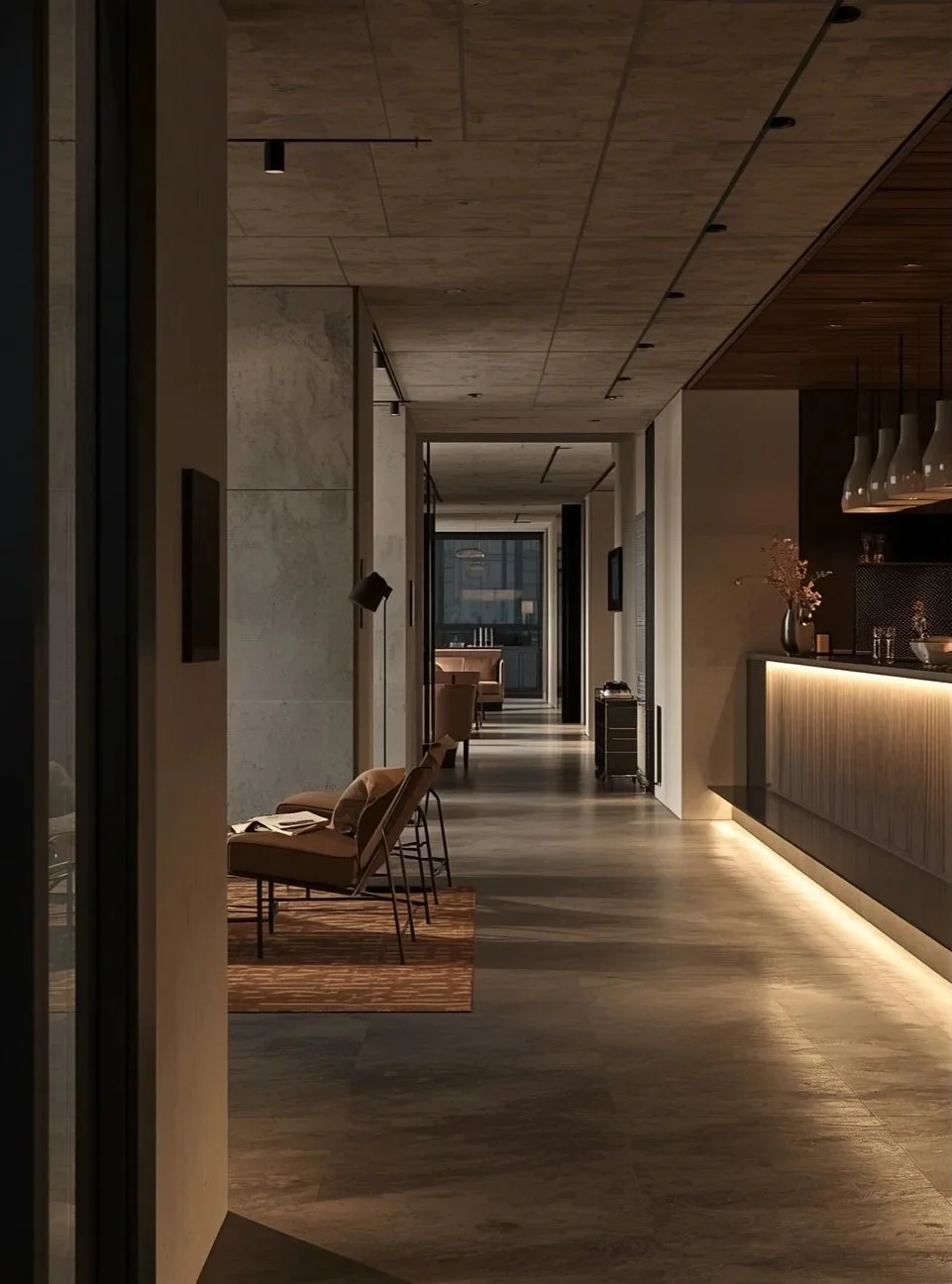 Verlichte hotelgang naar een lounge en bar