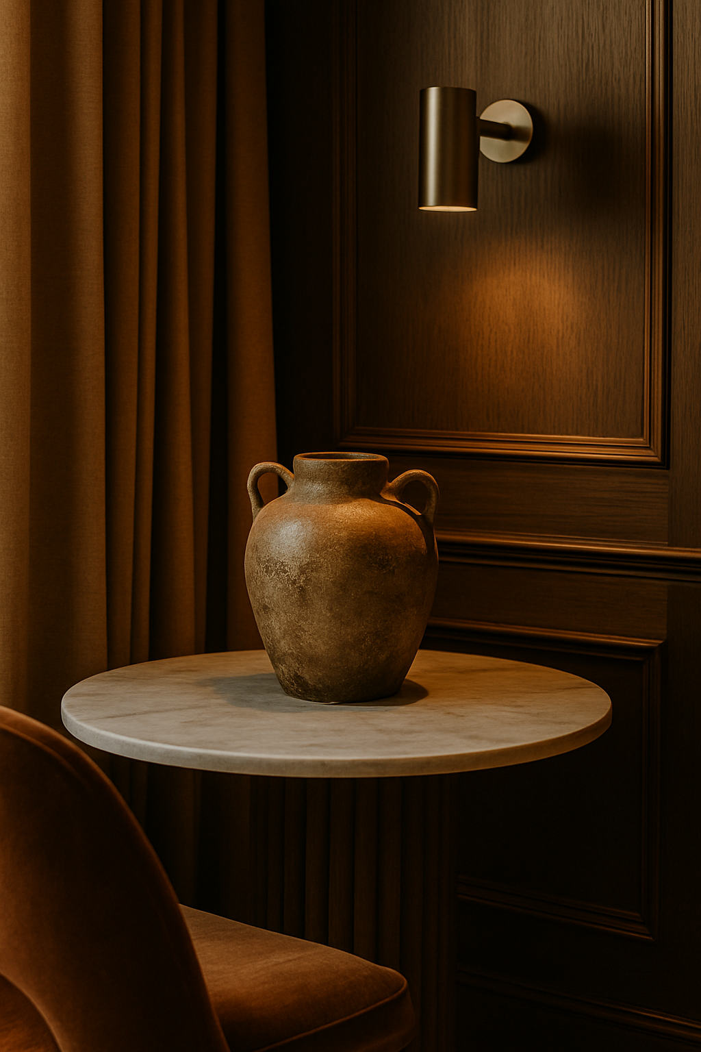 Foto van een oud aardewerken vaas op een ronde witte tafel, met een houten paneel en een muurlamp op de achtergrond, in een warme kantoor of woonkamer setting.