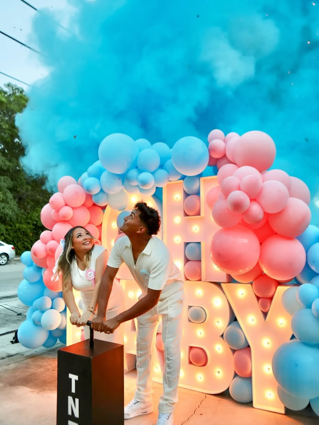 Custom Pinterest style balloon arch and backdrop for gender reveal Sunshine Coast.