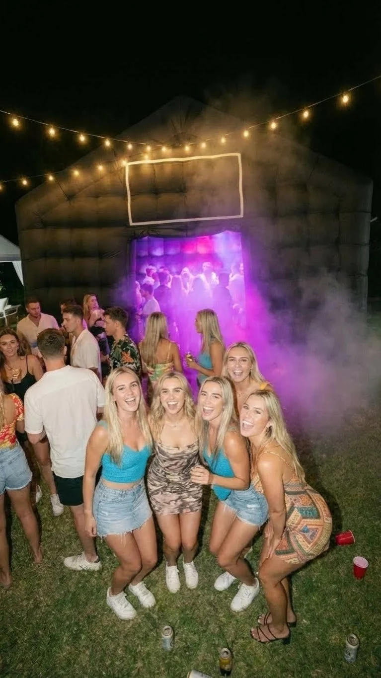 18th birthday inflatable nightclub Brisbane, 21st birthday party tent hire Sunshine Coast, backyard nightclub for 21st Gold Coast, 18th birthday DJ and tent package SEQ, 10x6 metre pop up club.
