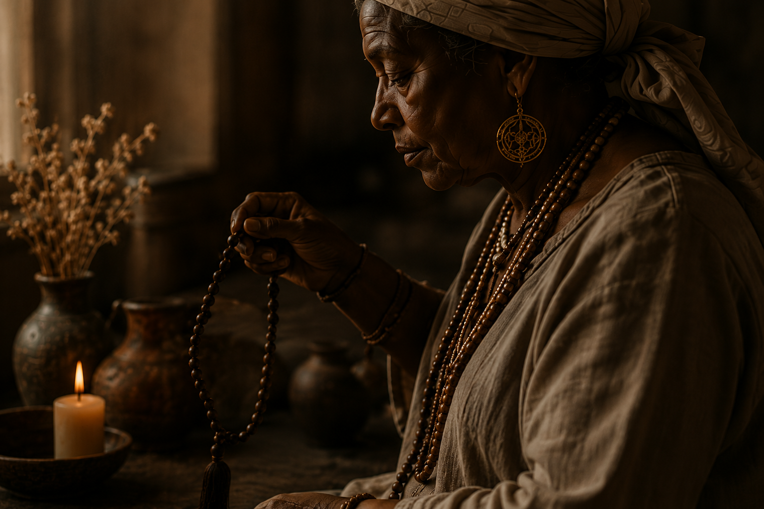 Elderly woman with jewelry and headscarf praying or meditating in a dimly lit room, holding a prayer bead necklace next to lit candle and pottery vases.