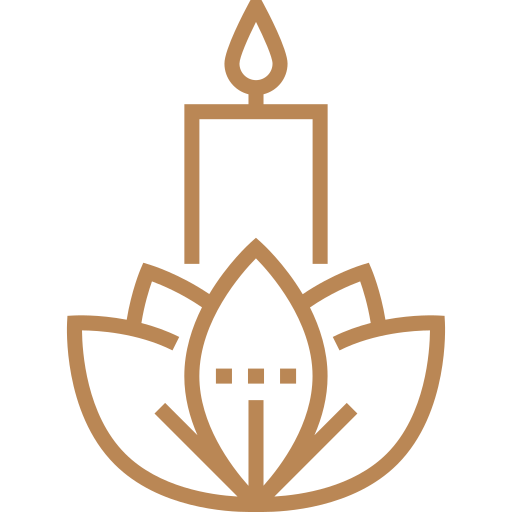 Outline of a lit candle above a lotus flower design.