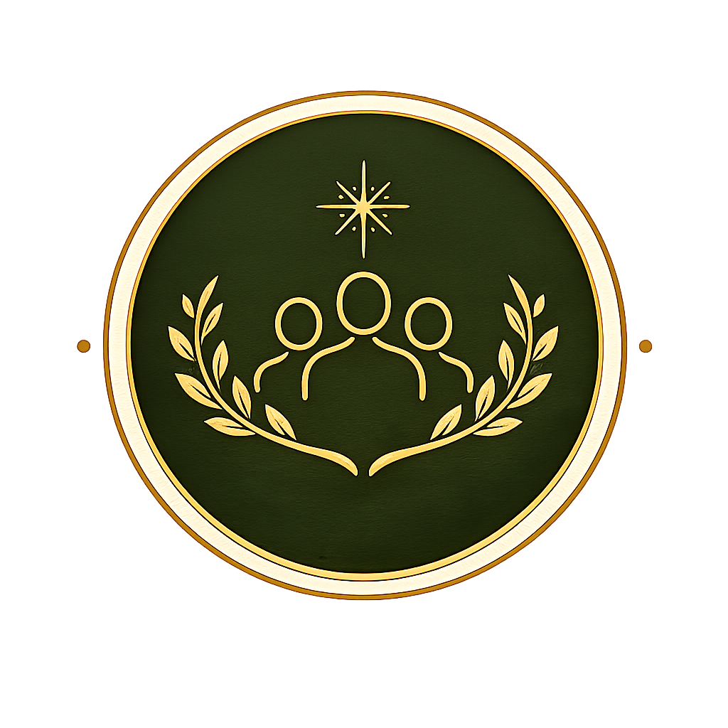 Elegant circular emblem with a gold border, featuring a minimalist design of three human figures surrounded by laurel branches with a star above.