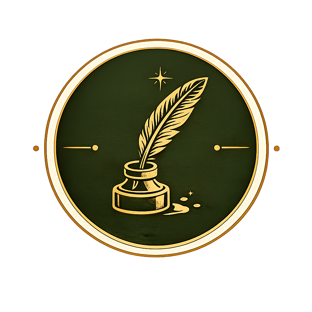 Gold emblem featuring a quill pen in an inkwell on a green background, with small decorative stars and ink splashes.