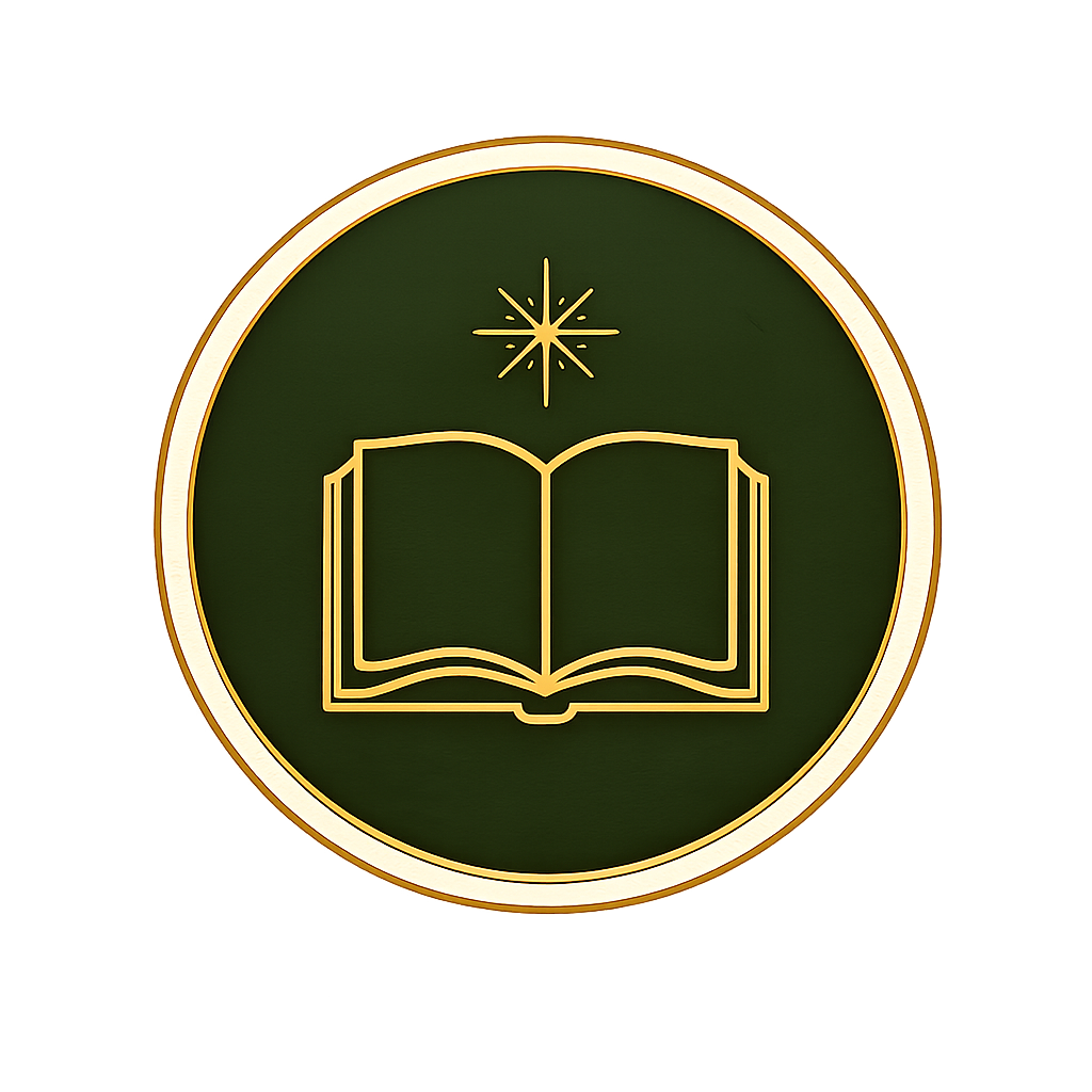 A round green and gold emblem featuring an open book icon with a star above it, symbolizing knowledge or education.