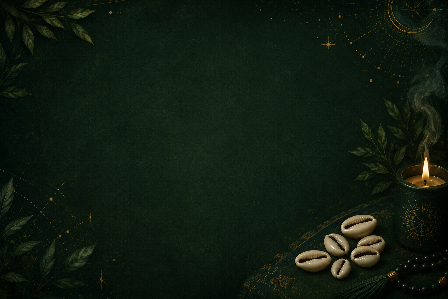 Dark green background with leaves, gold celestial designs, a lit candle emitting smoke, seven seashells, and black beads with a tassel in the lower right corner.