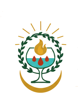 A logo featuring a circular green laurel wreath surrounding a drink with a flame on top and three droplets inside, with rays emanating from the top.