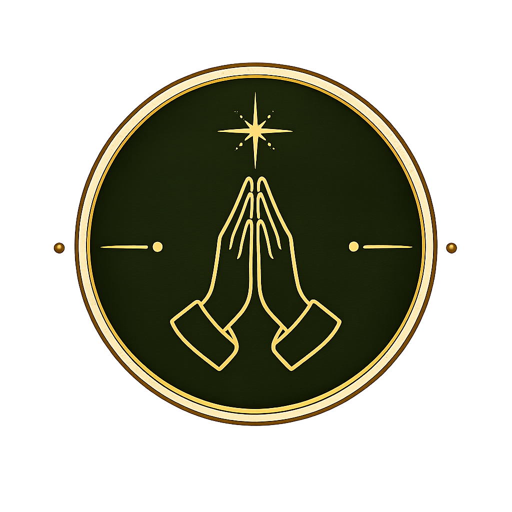 Decorative clock features praying hands with a star above on a dark background.