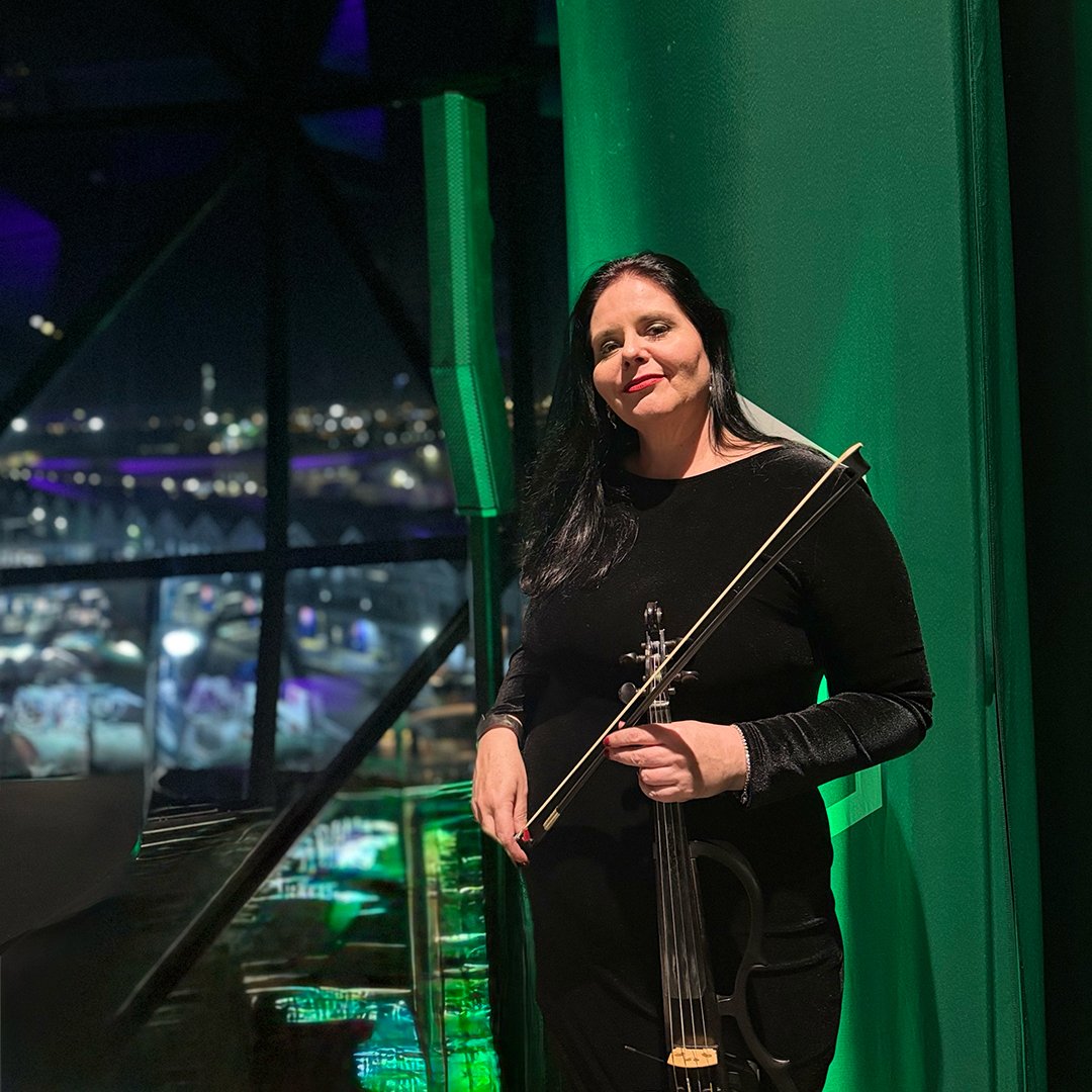 Larah Eksteen of Cape Town Flo performing electric violin for delegates attending the G30 event at Zeitz MOCAA in Cape Town.