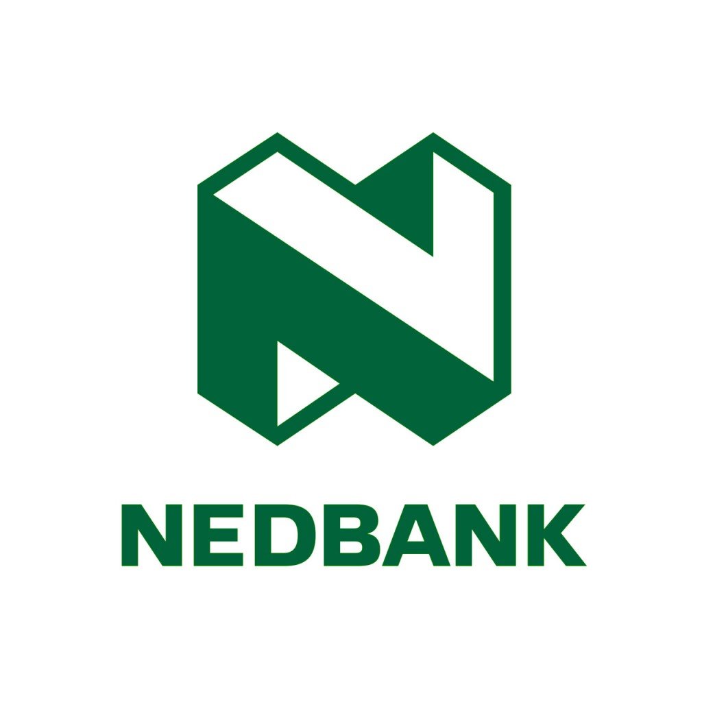 The image features a dark green geometric logo resembling an abstract letter N, with the word 'NEDBANK' written below it in bold green letters.