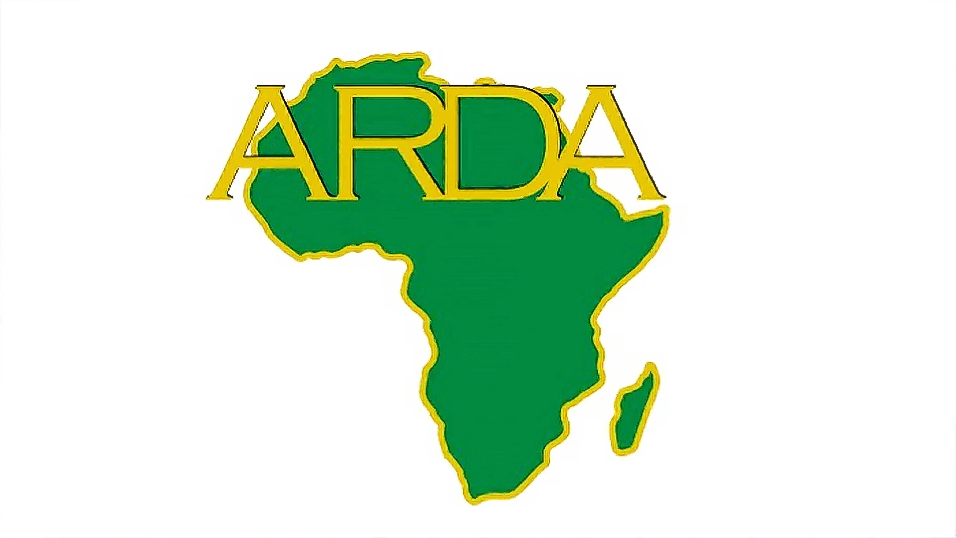 Green map of Africa with yellow border and the word 'ARDA' in gold letters overlaying the map.